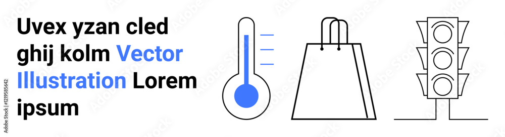 Thermometer indicating temperature, shopping bag with handles, traffic light with red, yellow, green signals. Ideal for business, commerce, weather, retail transportation design online learning Thermometer indicating temperature, shopping bag with handles, traffic light with red, yellow, green signals. Ideal for business, commerce, weather, retail transportation design online learning