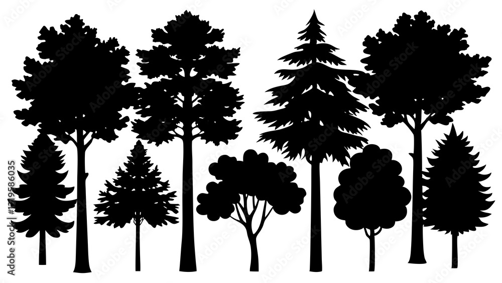 Forest tree silhouettes collection. Pine trees horizontal pattern panorama backgrounds. Vector illustration