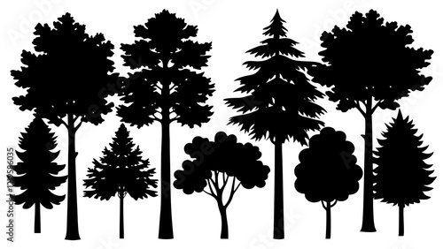 Obraz na płótnie Forest tree silhouettes collection. Pine trees horizontal pattern panorama backgrounds. Vector illustration
w salonie