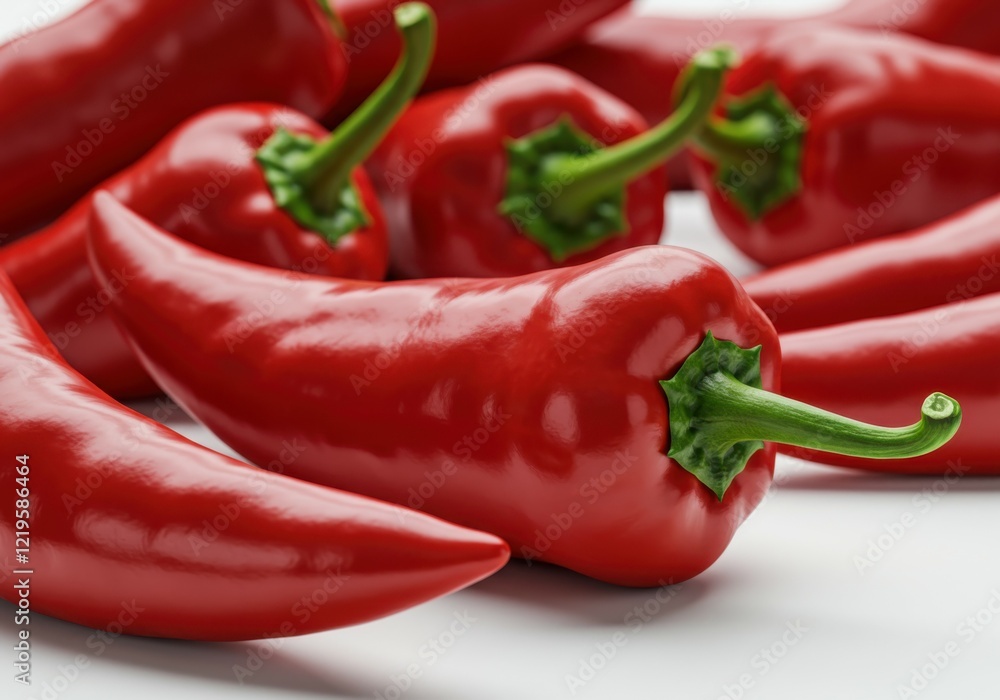 Vibrant red chili peppers, glossy surface, extreme close-up, white background, fresh produce, culinary ingredient, spicy food, macro photography, sharp focus, vivid colors, curled pepper shapes, green Vibrant red chili peppers, glossy surface, extreme close-up, white background, fresh produce, culinary ingredient, spicy food, macro photography, sharp focus, vivid colors, curled pepper shapes, green