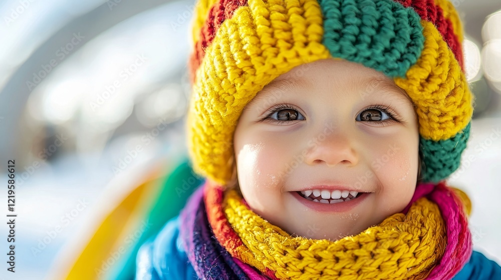 A smiling child wearing a colorful hat and scarf A smiling child wearing a colorful hat and scarf