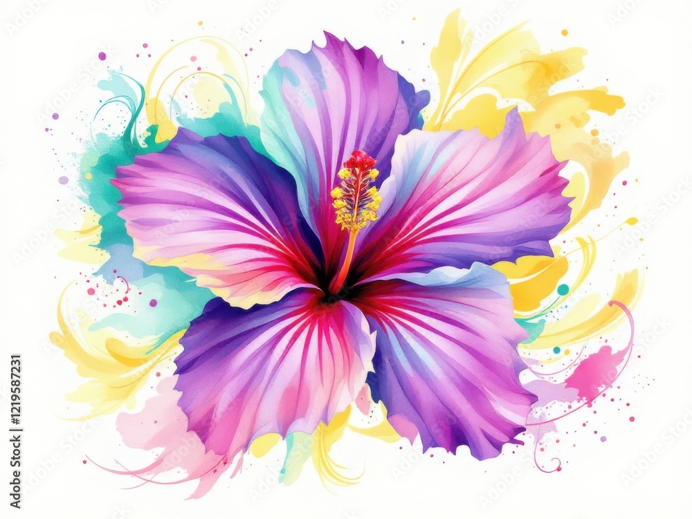 Obraz premium Vibrant Watercolor Hibiscus Flower with Colorful Splashes