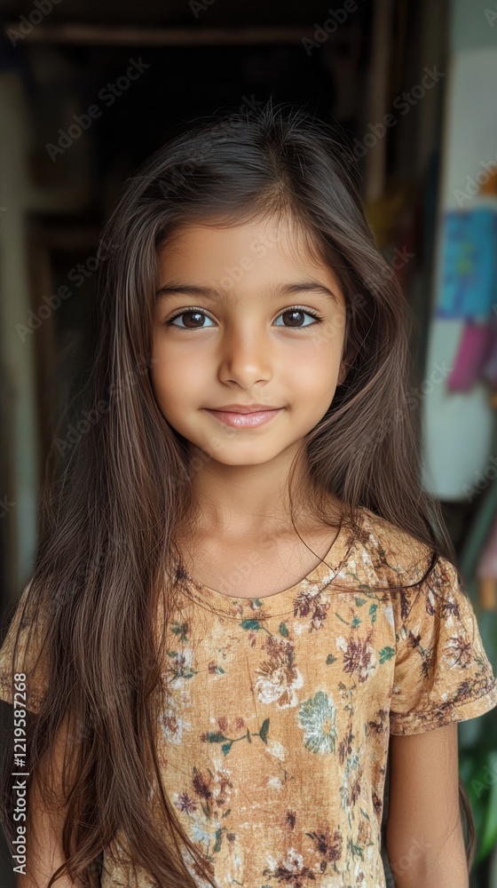 Young girl with long hair smiling warmly in cozy indoor setting with soft lighting Young girl with long hair smiling warmly in cozy indoor setting with soft lighting