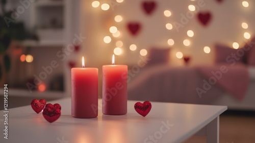Romantic bedroom candles, hearts, Valentine's Day