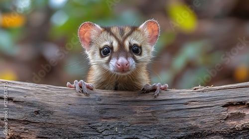 A tiger quoll peeking out from behind a fallen log in an Australian forest photo