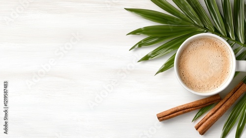 Wallpaper Mural A cup of coffee with cinnamon sticks and a palm leaf Torontodigital.ca