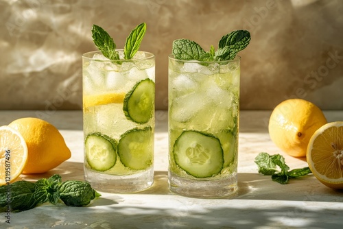 Refreshing cucumber lemonade drinks garnished with mint and lemon slices in a vibrant setting