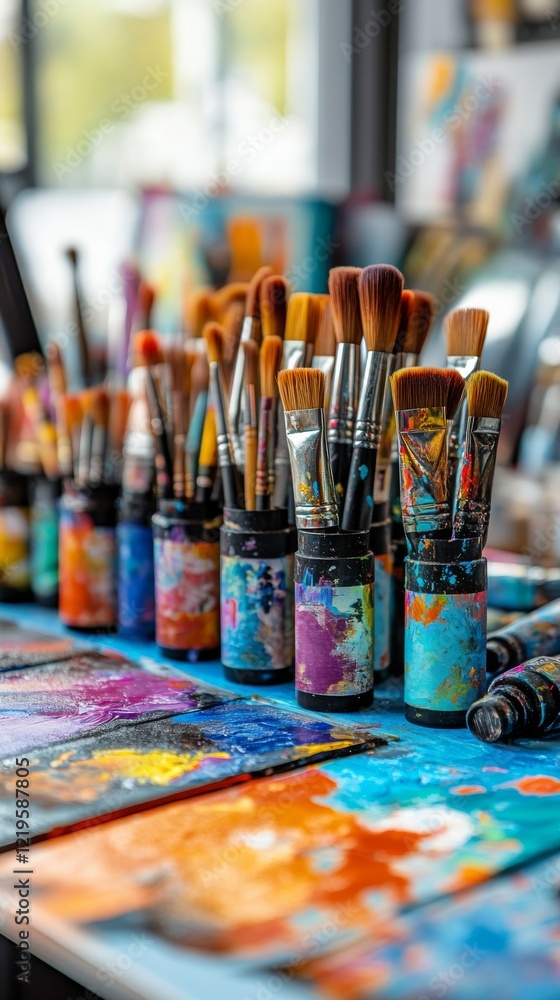 Vibrant palette and brushes ready for artistic creation in a colorful workspace Vibrant palette and brushes ready for artistic creation in a colorful workspace