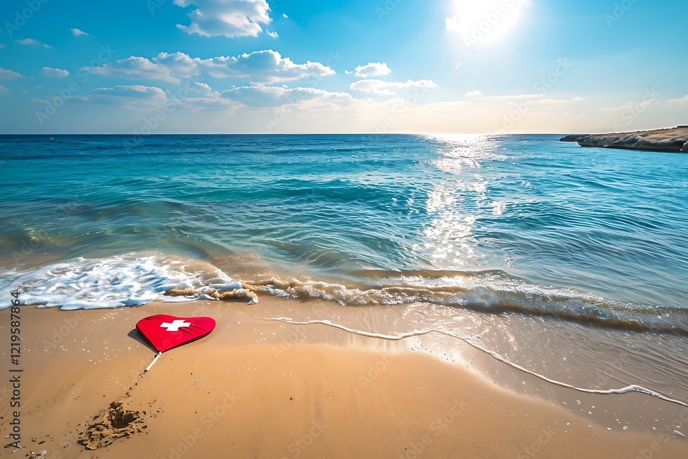 Red heart on the sandy beach at sunset Red heart on the sandy beach at sunset