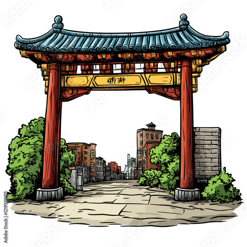 Vector comic hand-drawn illustration of Chinatown gate. Chinatown gate in New York