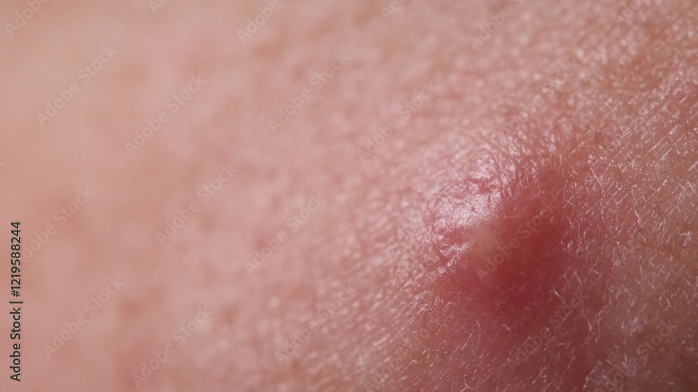 Fototapeta premium Pimple on the skin. Acne is an infection that can lead to pimple popping on the face. Acne occurs on the lower face. Close-up of a furuncle, an acne pimple with pus under the skin