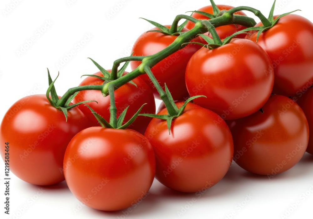 ripe tomatoes on the vine, bright red, glossy skin, green stems, cluster of tomatoes, fresh produce, high-resolution, photorealistic, white background, food photography, macro detail, vibrant colors, ripe tomatoes on the vine, bright red, glossy skin, green stems, cluster of tomatoes, fresh produce, high-resolution, photorealistic, white background, food photography, macro detail, vibrant colors,