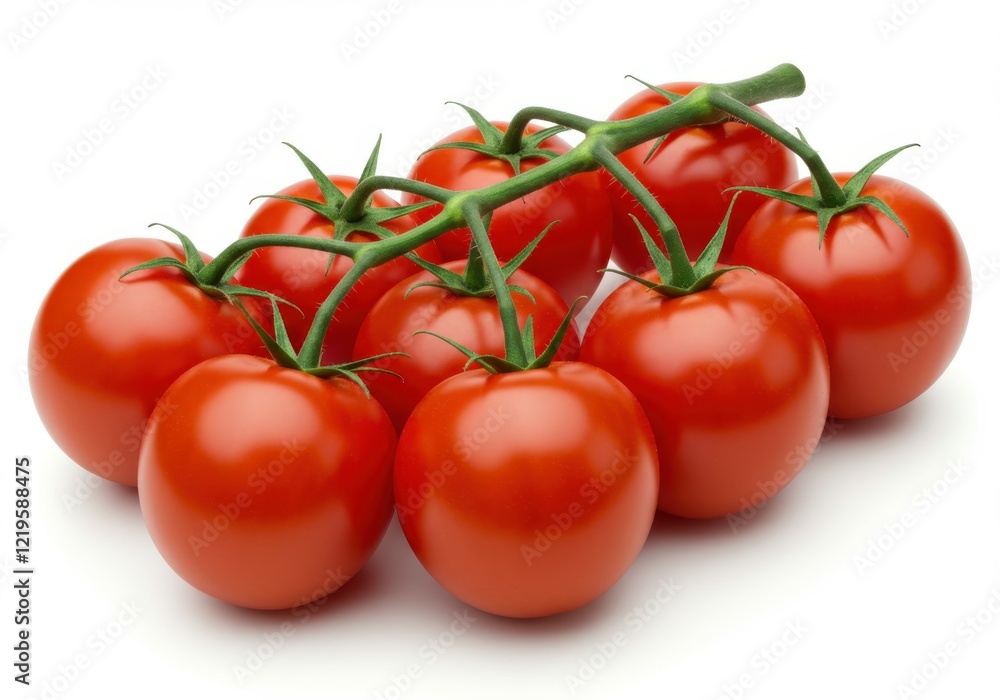 ripe tomatoes on the vine, bright red, glossy skin, green stems, cluster of tomatoes, fresh produce, high-resolution, photorealistic, white background, food photography, macro detail, vibrant colors, ripe tomatoes on the vine, bright red, glossy skin, green stems, cluster of tomatoes, fresh produce, high-resolution, photorealistic, white background, food photography, macro detail, vibrant colors,