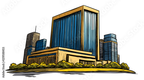 Vector comic hand-drawn illustration of United Nations headquarters. United Nations headquarters in New York