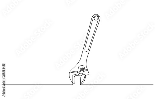 One mechanical wrench for nuts drawn in one continuous line black color isolated on white background, Wrench single line drawing vector.