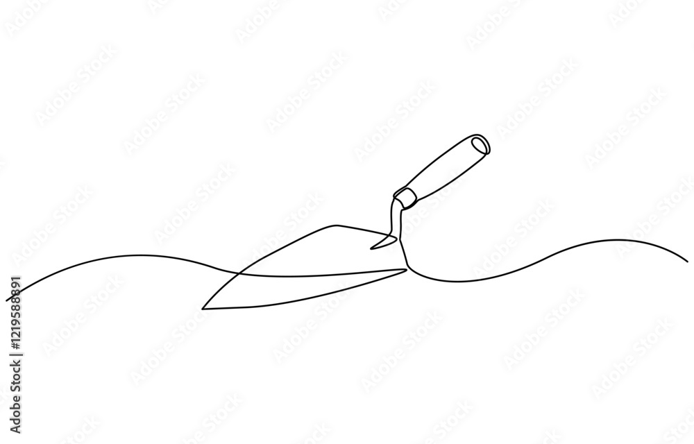 Continuous one line drawing of construction trowel tools, Continuous line drawing of trowel. Trowel linear icon. One line drawing background. Vector illustration. Trowel continuous line icon. Continuous one line drawing of construction trowel tools, Continuous line drawing of trowel. Trowel linear icon. One line drawing background. Vector illustration. Trowel continuous line icon.