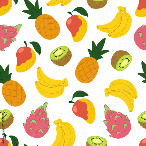 Summer tropical seamless pattern. Exotic fruits repeating background. Pineapple, pitahaya, banana and other fruits pattern on white background.