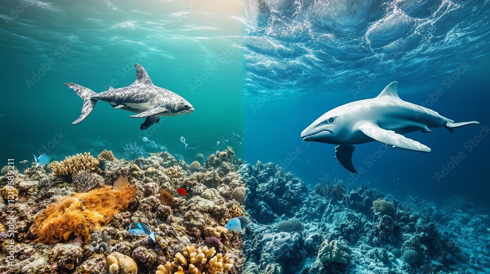 Oceanic Wildlife Underwater Scene Shark Dolphin Coral Reef Vibrant Blue Aquatic Life Marine Ecosystem Tropical Fish Sea Animals Nature Photography art calm Oceanic Wildlife Underwater Scene Shark Dolphin Coral Reef Vibrant Blue Aquatic Life Marine Ecosystem Tropical Fish Sea Animals Nature Photography art calm