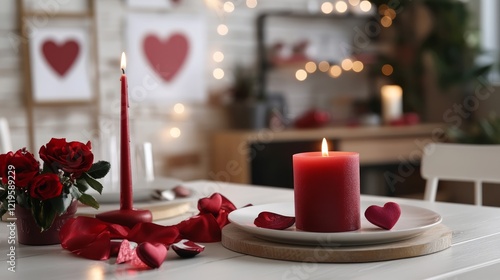Romantic Valentine's Day dinner table setting with candles, roses, and hearts