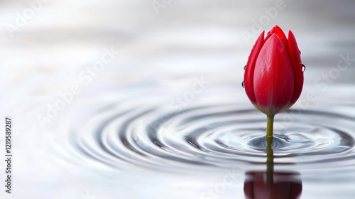 A single red flower floating in a body of water