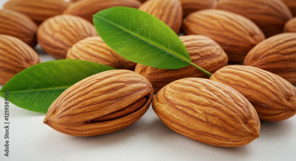 Macro photograph of almonds, crisp detailed nuts, vibrant brown color, green almond leaves, white background, food photography, shallow depth of field, studio lighting, high resolution, textured almon Macro photograph of almonds, crisp detailed nuts, vibrant brown color, green almond leaves, white background, food photography, shallow depth of field, studio lighting, high resolution, textured almon