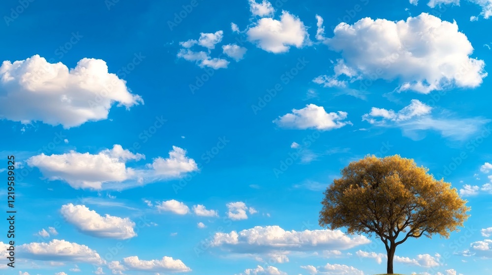 A lone tree in the middle of a grassy field under a blue sky with white clouds A lone tree in the middle of a grassy field under a blue sky with white clouds
