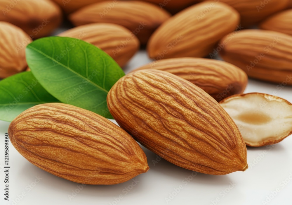 Macro photograph of almonds, crisp detailed nuts, vibrant brown color, green almond leaves, white background, food photography, shallow depth of field, studio lighting, high resolution, textured almon Macro photograph of almonds, crisp detailed nuts, vibrant brown color, green almond leaves, white background, food photography, shallow depth of field, studio lighting, high resolution, textured almon