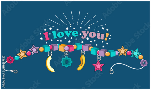 Multicolored handmade girly beads and the inscription on top - I Love You. Card, flyer or other. Version 3. Vector illustration