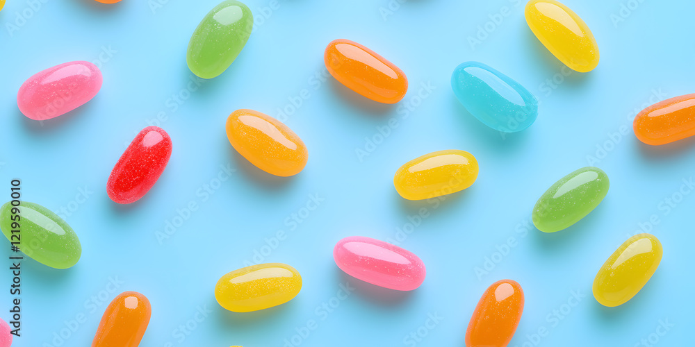Colorful jelly beans scattered on a light blue background. A vibrant and sweet image perfect for food blogs, websites, or any project needing a cheerful touch. Colorful jelly beans scattered on a light blue background. A vibrant and sweet image perfect for food blogs, websites, or any project needing a cheerful touch.