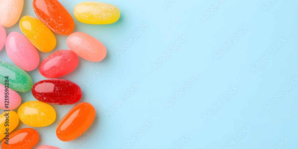 Colorful candy on a light blue background. A vibrant collection of oval-shaped sweets, perfect for sweet treats and confectionery designs. Colorful candy on a light blue background. A vibrant collection of oval-shaped sweets, perfect for sweet treats and confectionery designs.