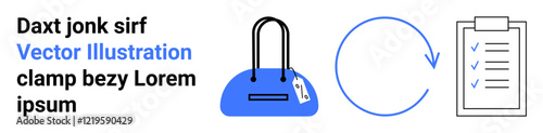 Handbag with a price tag, a circular arrow indicating refresh or update, and a clipboard with checkmarks. Ideal for e-commerce, retail, updates, task management, shopping, organization reviews