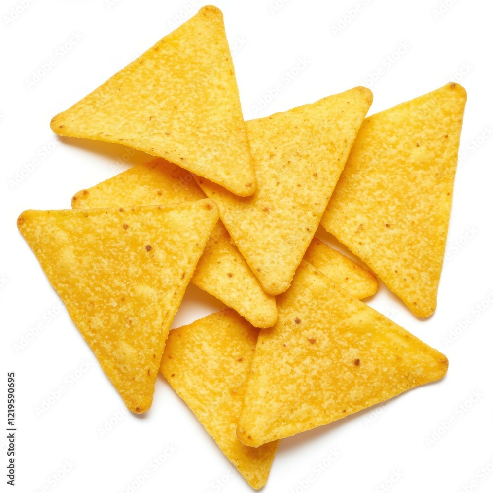 Fototapeta premium Crispy tortilla chips, golden yellow corn chips, triangular snacks, crunchy nacho chips, scattered arrangement, bright yellow color, textured surface, appetizing close-up, simple background, Mexican-i