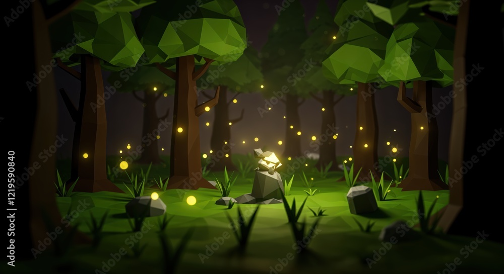 Fototapeta premium Enchanting low poly forest with glowing fireflies and mysterious crystal