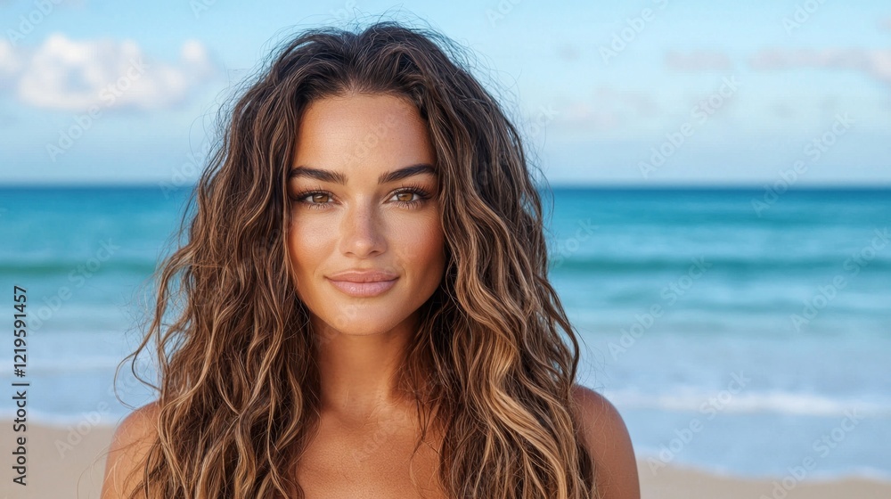 A woman with long brown hair standing on a beach A woman with long brown hair standing on a beach