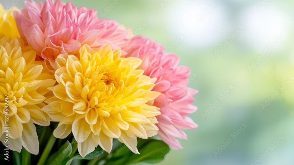 A bunch of yellow and pink flowers in a vase
