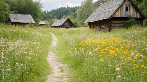 Rural wooden houses, flower meadow path, forest background, idyllic summer scene, postcard