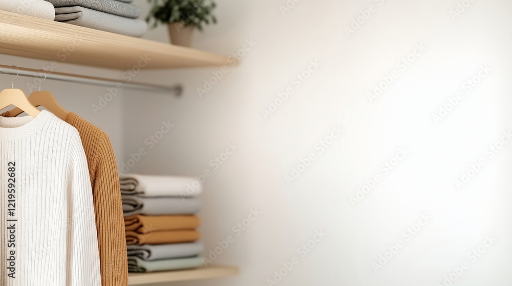 Fototapeta premium Wardrobe interior with clothes on hangers and folded on shelf. Closet organization and declutter concept. Image for interior and lifestyle content with copy space. 