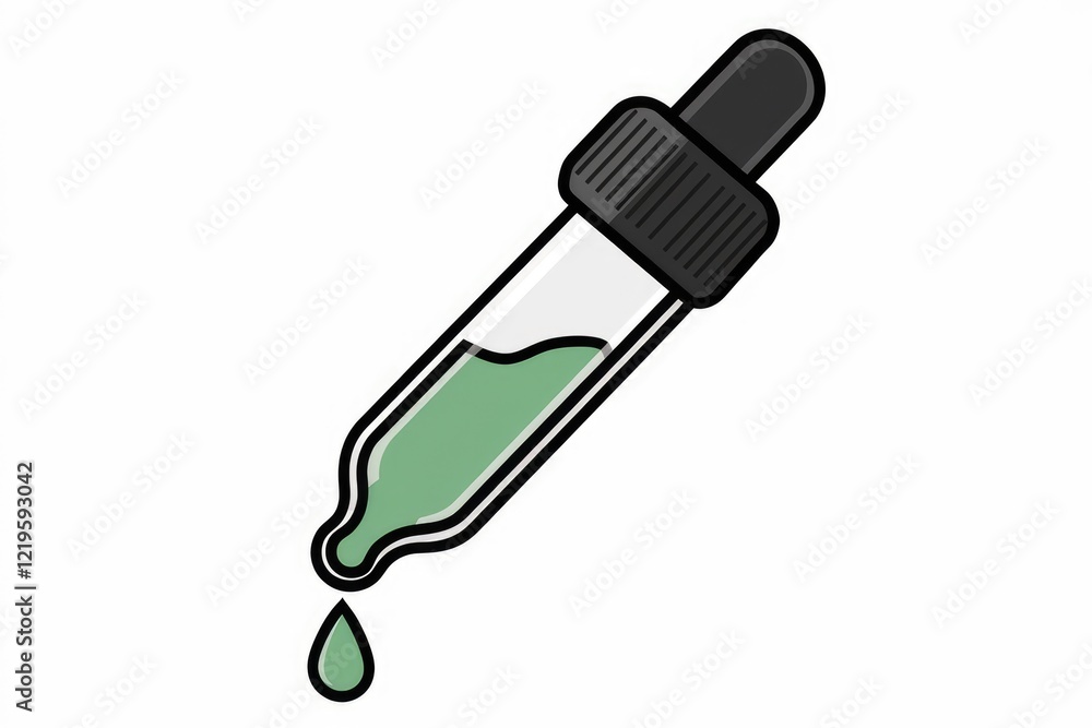 An illustration of a dropper with a green liquid, a single drop falling. An illustration of a dropper with a green liquid, a single drop falling.