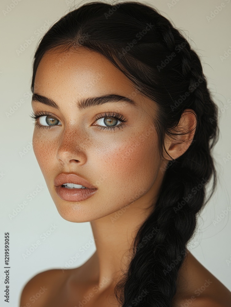 Naklejka premium a woman with long black hair and freckles in a braided ponytail, set against a white background She appears to be in the middle of a photoshoot, with her hair pull