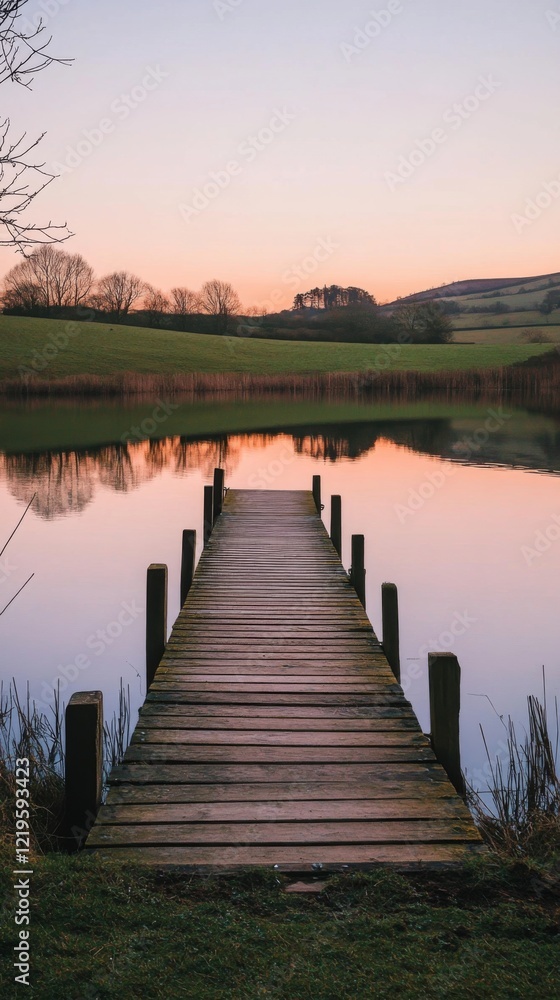 Fototapeta premium A tranquil wooden pier stretches into a serene lake at sunset. Nature reflects beautifully in calm waters. An idyllic setting for relaxation or inspiration. Generative AI
