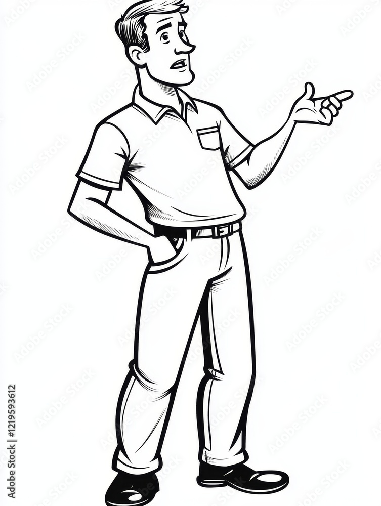 a black and white sketch of a man pointing at something He is wearing a shirt, pants, and shoes, and the background is white a black and white sketch of a man pointing at something He is wearing a shirt, pants, and shoes, and the background is white