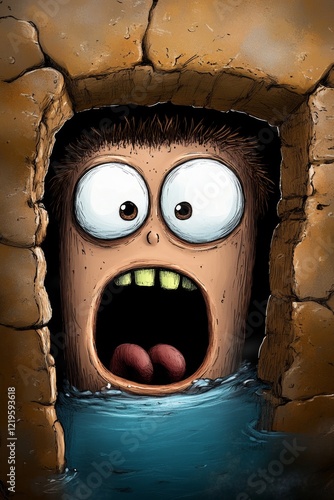  an animated cartoon character peeking out of a hole in a stone wall, with water at the bottom
