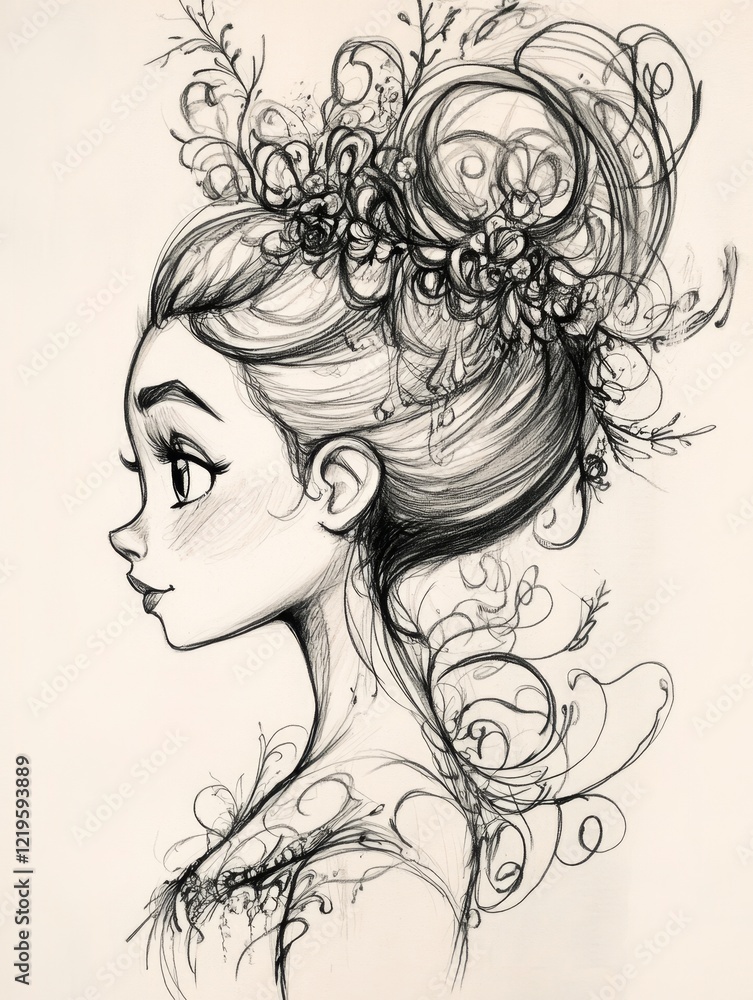 a sketch of a girl with flowers in her hair, drawn on a piece of paper She has a gentle expression on her face, and her hair is adorned with delicate flowers Her a sketch of a girl with flowers in her hair, drawn on a piece of paper She has a gentle expression on her face, and her hair is adorned with delicate flowers Her
