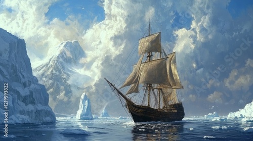 Sailing ship arctic exploration icy mountains