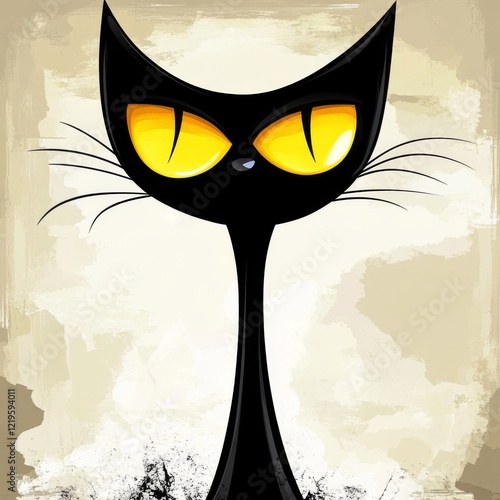  a black cat with yellow eyes on a beige background The cat has a cartoon-like appearance, with its eyes wide open and its whiskers twitching Its fur is a deep bla photo