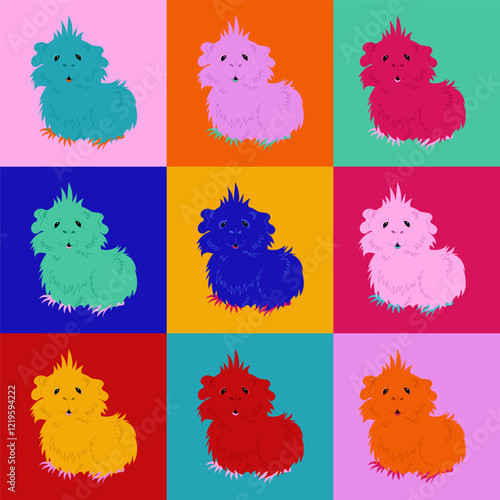 Pop art colorful bright square poster with nine cute little guinea pigs, Baby cavy, guinea piglet, modern trendy portrait of adorable fluffy cavie. Pink, orange, yellow, blue, red, green, mint colors