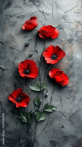 Beautiful red poppies with textured grey background showcasing floral artistry