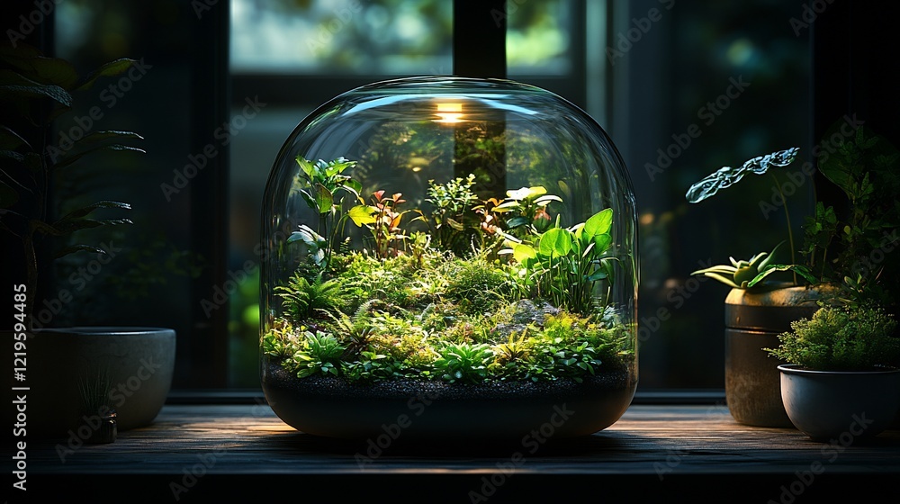 Illuminated terrarium with various plants on a wooden surface near a window. Illuminated terrarium with various plants on a wooden surface near a window.