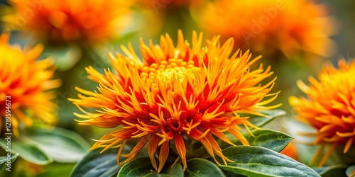 Vibrant Safflower Blossoms: Close-up Macro Shot of Orange and Yellow Flowers