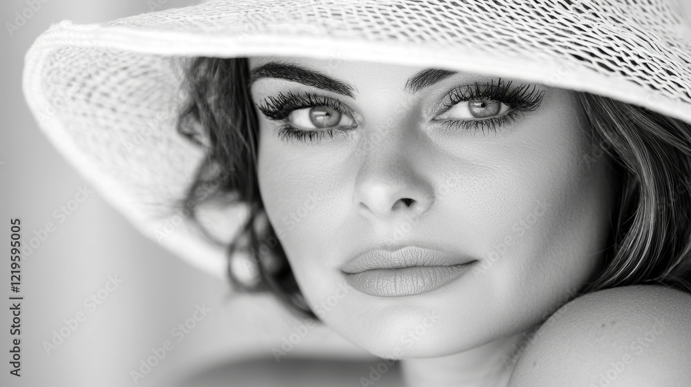 a woman wearing a white hat, with a blurred background The image is in black and white, giving it a timeless and classic feel a woman wearing a white hat, with a blurred background The image is in black and white, giving it a timeless and classic feel